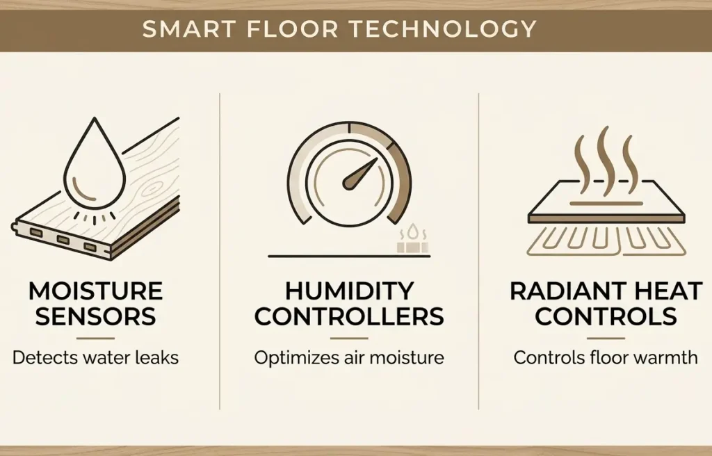 Three categories of smart technology for bamboo flooring protection: moisture detection sensors, whole-home humidity controllers, and smart radiant heat thermostats displayed as comparison infographic
