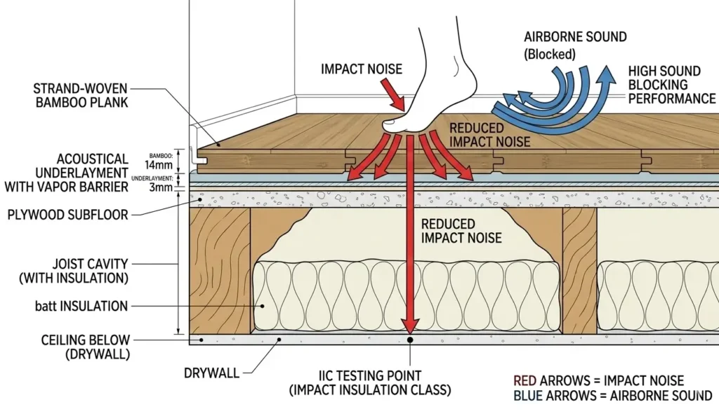 Cross-section diagram showing bamboo flooring sound transmission through underlayment, subfloor, and joists, with IIC and STC measurement points labeled