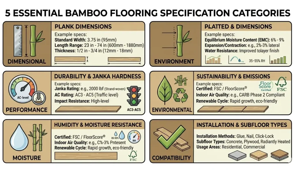 Infographic showing five bamboo flooring specification categories: dimensional, performance, environmental, moisture, and compatibility, with example measurements for each
