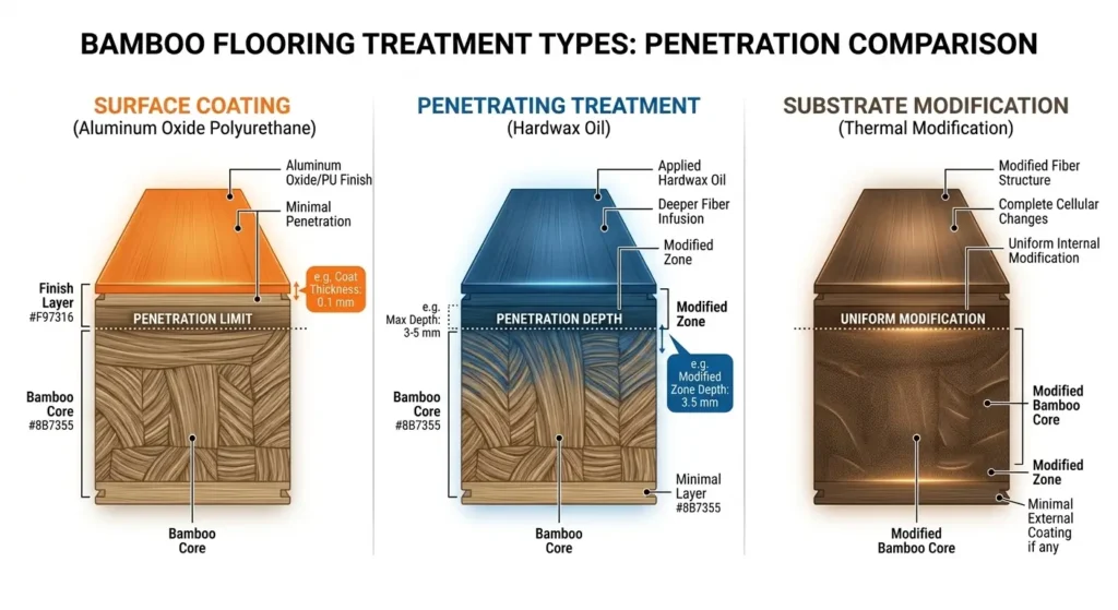 Cross-section comparison showing aluminum oxide surface coating, hardwax oil penetration, and thermal modification depth in bamboo flooring layers with measurements
