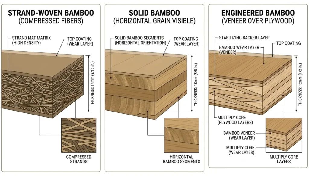 Cross-section comparison of strand-woven, solid, and engineered bamboo flooring construction showing fiber compression, grain patterns, and layer structure with thickness measurements