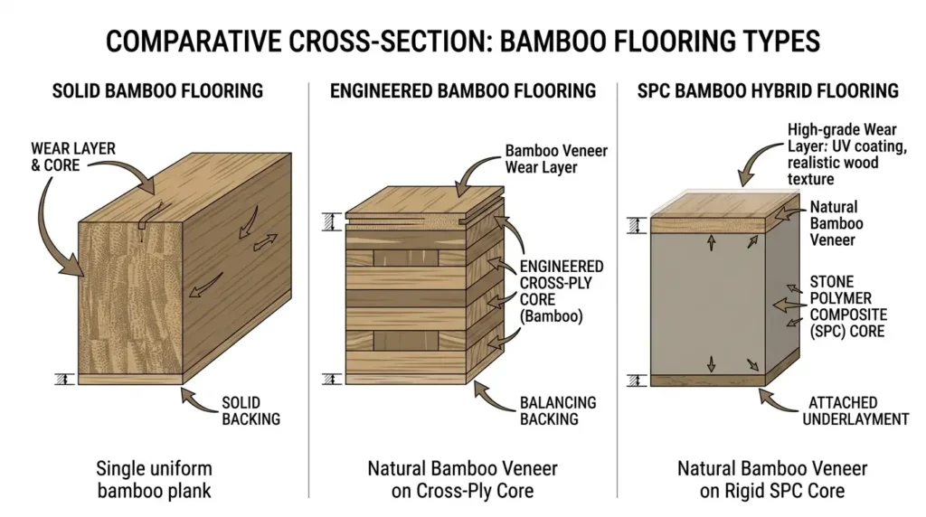 Cross-section comparison of solid bamboo, engineered bamboo, and SPC bamboo hybrid flooring showing internal layer construction differences affecting durability in special applications