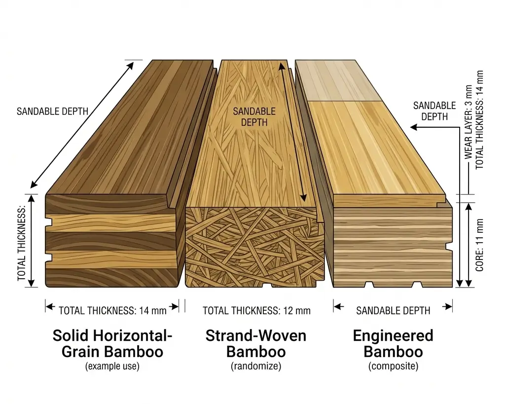Cross-section comparison showing solid bamboo's consistent grain versus strand-woven bamboo's compressed fibers and engineered bamboo's thin wear layer over composite core—determining refinishing limits for each type.