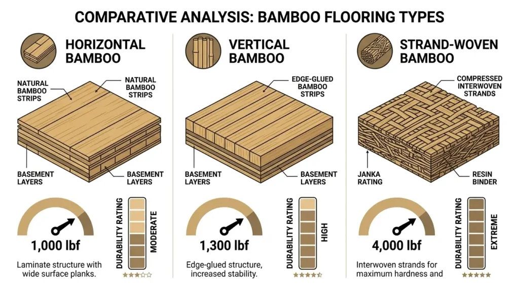 Comparison diagram showing cross-sections of horizontal, vertical, and strand-woven bamboo flooring with Janka hardness ratings from 1,000 to 4,000 lbf