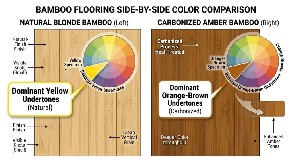 Natural bamboo flooring with yellow undertones compared to carbonized bamboo flooring with orange-brown undertones, showing color wheel overlays indicating undertone differences