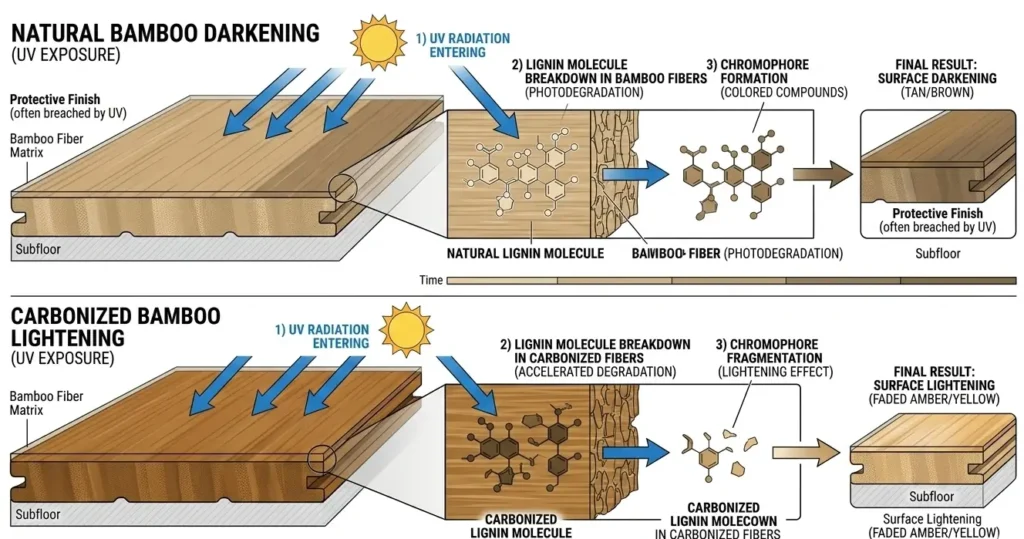 Diagram showing how UV radiation causes lignin breakdown in bamboo flooring, with natural bamboo darkening and carbonized bamboo lightening from photodegradation