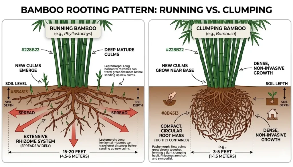Comparison diagram showing running bamboo rhizome spread of 15-20 feet versus clumping bamboo's contained 2-6 inch annual expansion, illustrating fundamental bamboo garden design differences