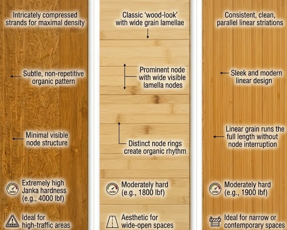 Three bamboo flooring grain types compared side by side: strand-woven with minimal pattern, horizontal grain with visible nodes, vertical grain with linear lines