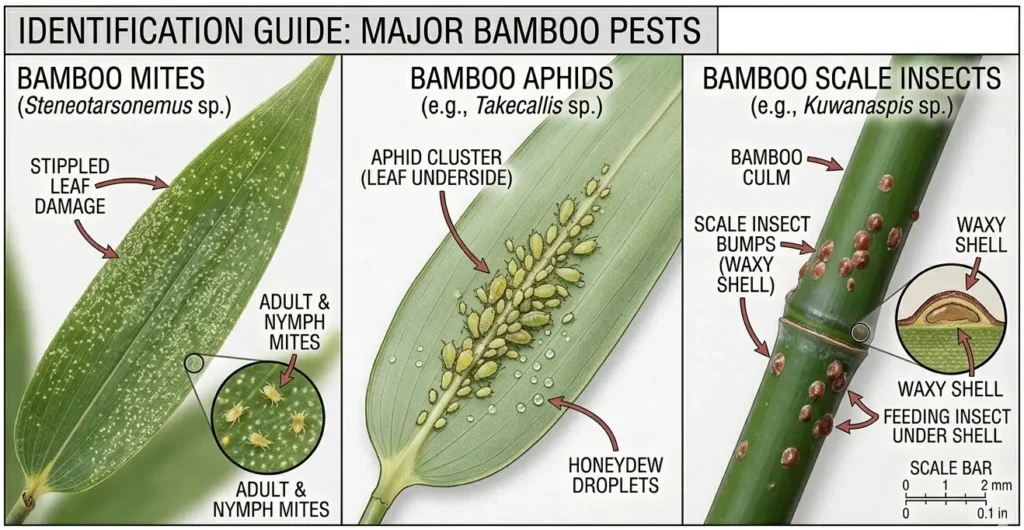Side-by-side comparison of bamboo mites causing leaf stippling, aphid colonies producing honeydew on leaf undersides, and scale insects appearing as small bumps on bamboo culm surfaces