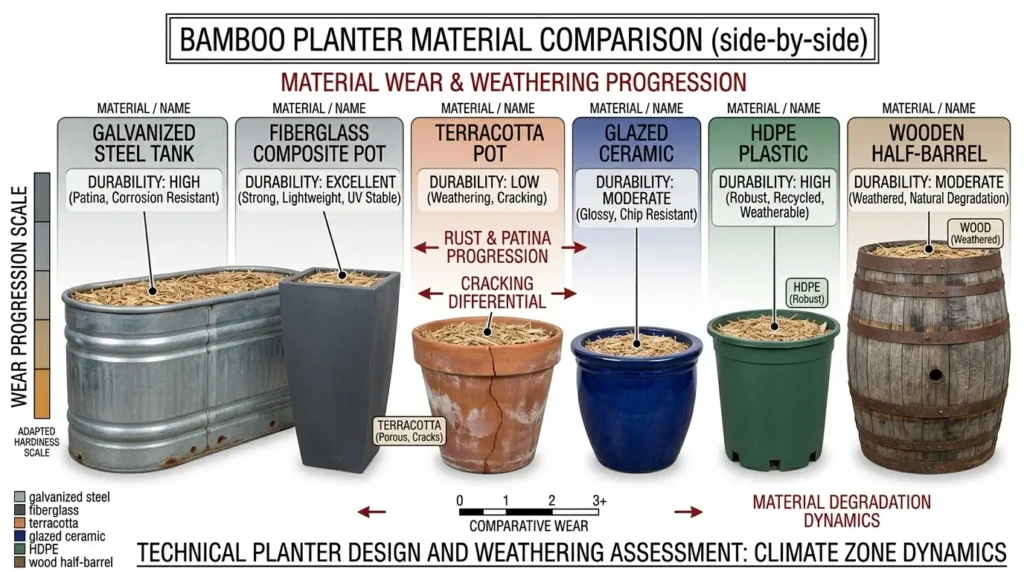 Comparison of six bamboo planter materials showing galvanized steel, fiberglass, cracked terracotta, glazed ceramic, HDPE plastic, and wood barrel with durability ratings