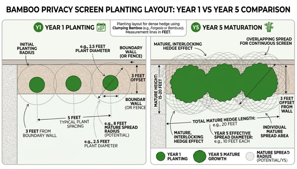 Bamboo privacy screen spacing diagram showing plant centers at 8-foot intervals with mature spread circles meeting at year 5, demonstrating proper bamboo landscape planning