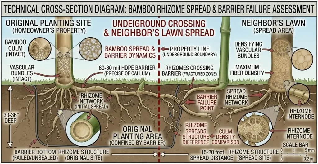 Cross-section diagram showing running bamboo rhizome system spreading underground past property line and HDPE barrier into neighboring lawn with measurement callouts