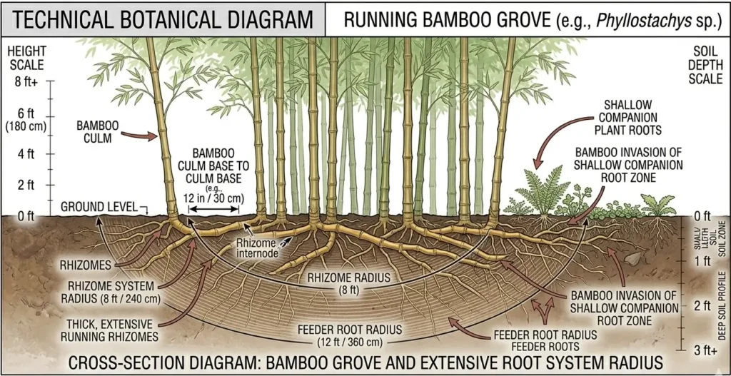 Cross-section diagram showing bamboo rhizomes extending 8 feet and feeder roots extending 12 feet underground, competing with shallow companion plant roots