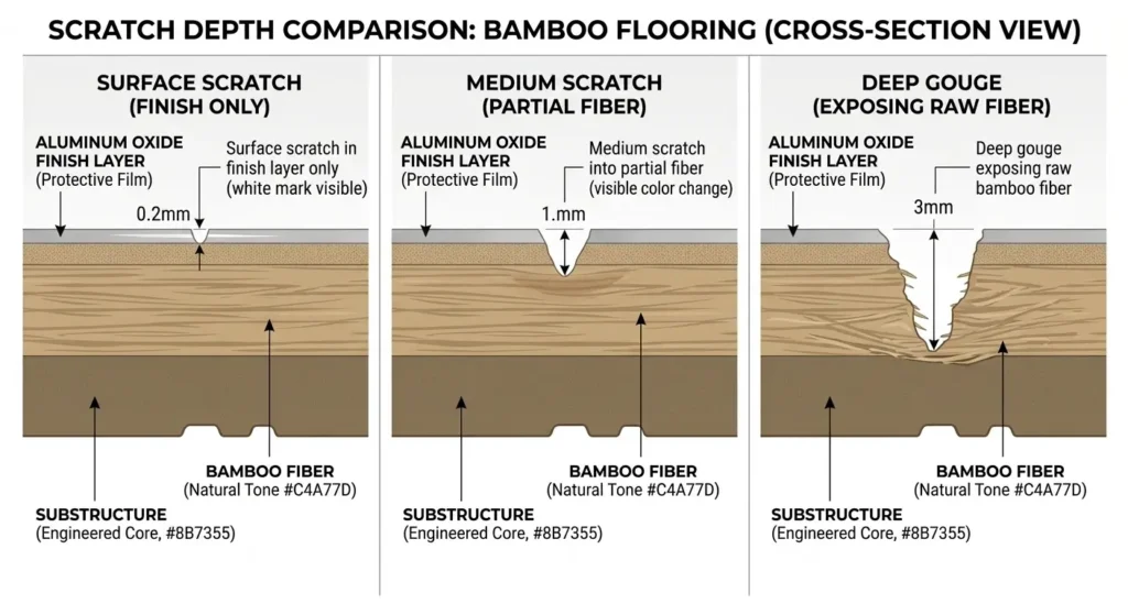Cross-section diagram showing three bamboo flooring scratch depths: surface finish scratch, medium fiber scratch, and deep gouge with repair difficulty ratings