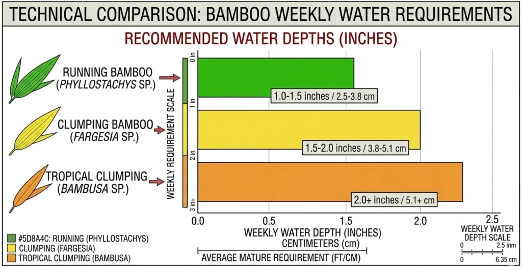 Bar chart showing weekly water requirements: Phyllostachys needs 1-1.5 inches, Fargesia needs 1.5-2 inches, Bambusa needs 2+ inches per week