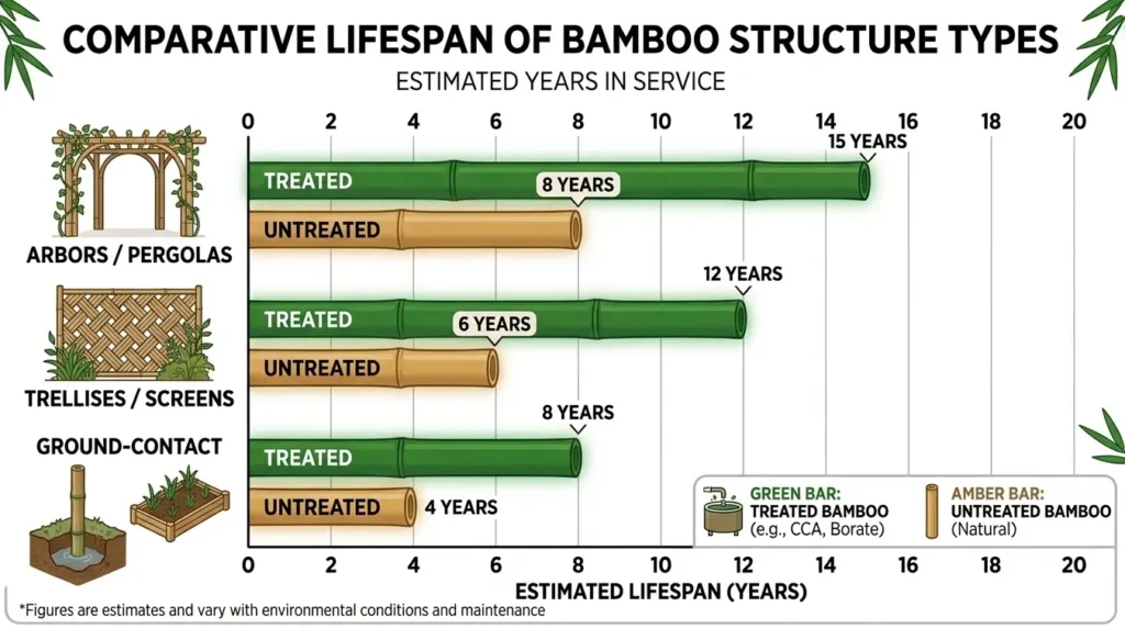 Bar chart comparing treated versus untreated bamboo structure lifespans: arbors last 8-15 years treated vs 2-4 untreated, trellises 6-12 vs 2-3 years, ground-contact 3-7 vs 1-2 years