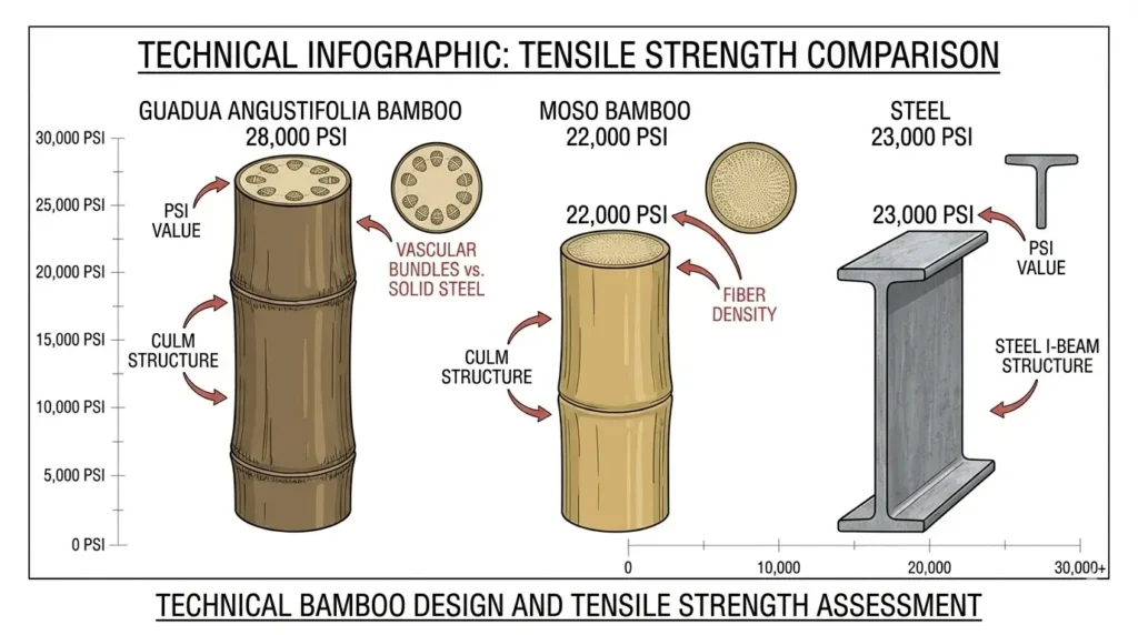 Comparison chart showing Guadua angustifolia bamboo tensile strength at 28,000 PSI exceeding steel at 23,000 PSI, with Moso bamboo at 22,000 PSI