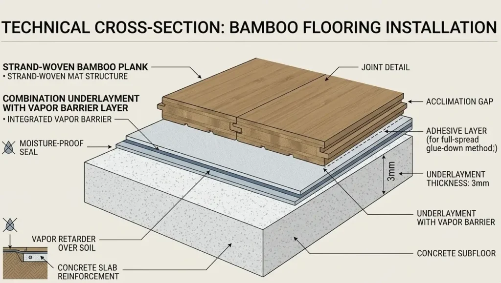 Cross-section diagram showing bamboo flooring layers: strand-woven bamboo plank over 3mm combination underlayment with integrated vapor barrier over concrete subfloor