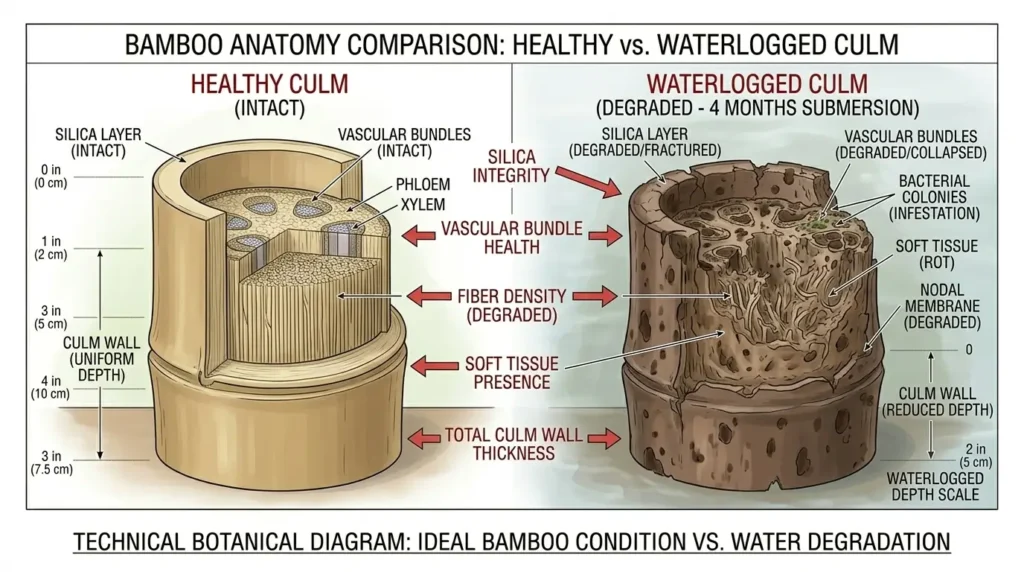 Cross-section comparison of healthy bamboo culm structure versus water-damaged bamboo showing fiber degradation and bacterial decomposition after submersion