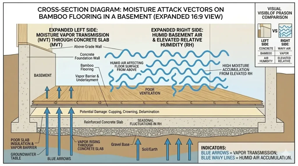 Diagram showing how basement moisture attacks bamboo flooring from two directions: concrete slab vapor emissions below and ambient humidity above the floor surface