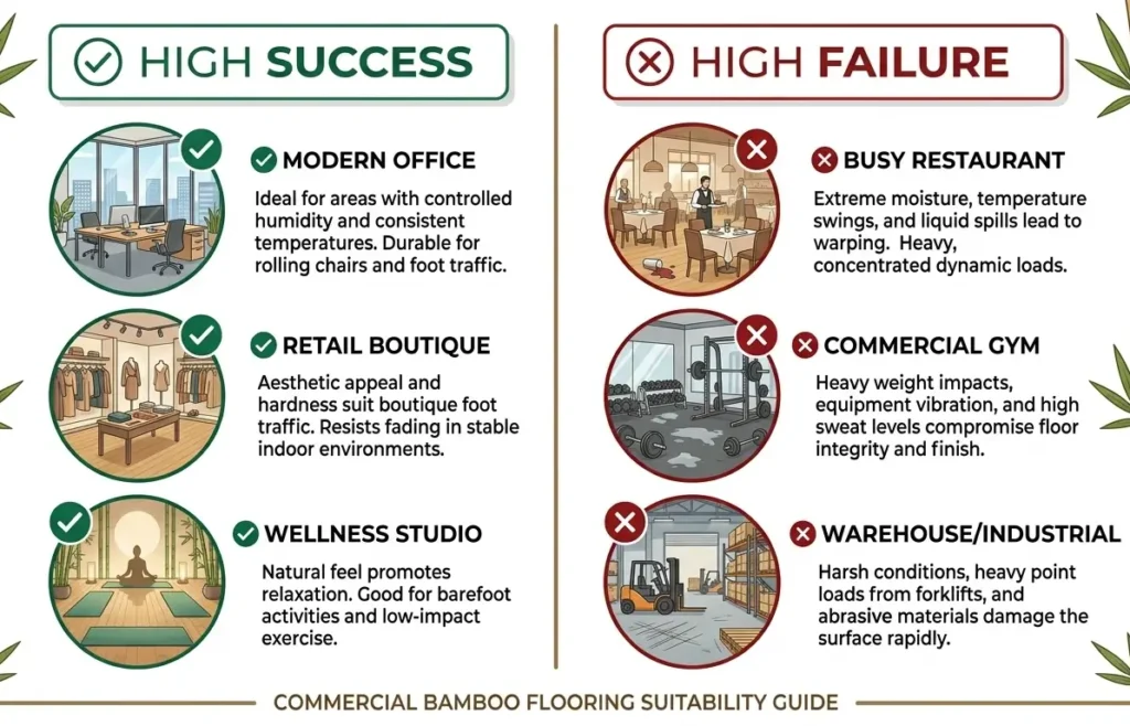 Commercial bamboo flooring application comparison showing successful uses in offices and retail versus failures in restaurants and gyms