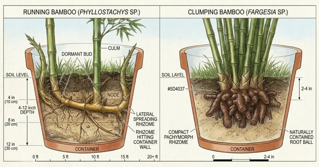 Comparison diagram showing running bamboo's spreading rhizomes hitting container walls versus clumping bamboo's compact root system in containers