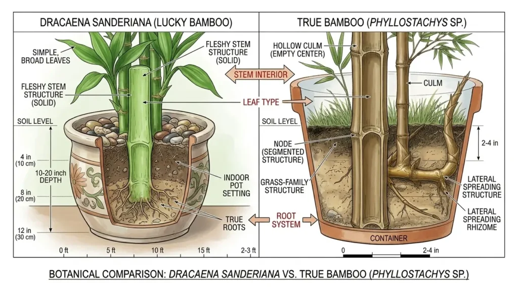 Botanical comparison showing Dracaena sanderiana lucky bamboo structure versus true bamboo Phyllostachys culm anatomy with labeled differences