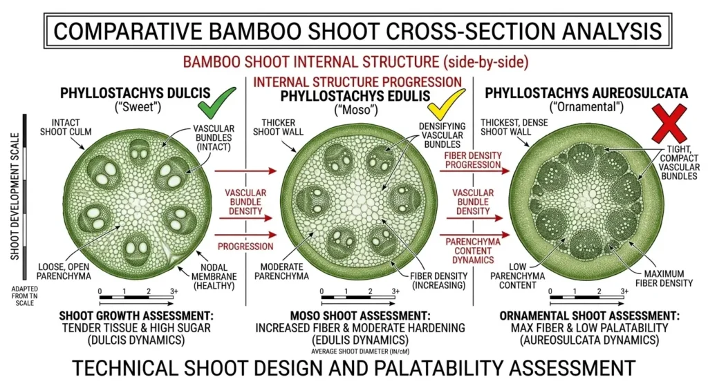 Cross-section comparison of three edible bamboo species showing Phyllostachys dulcis, edulis, and aureosulcata internal structures and culinary ratings