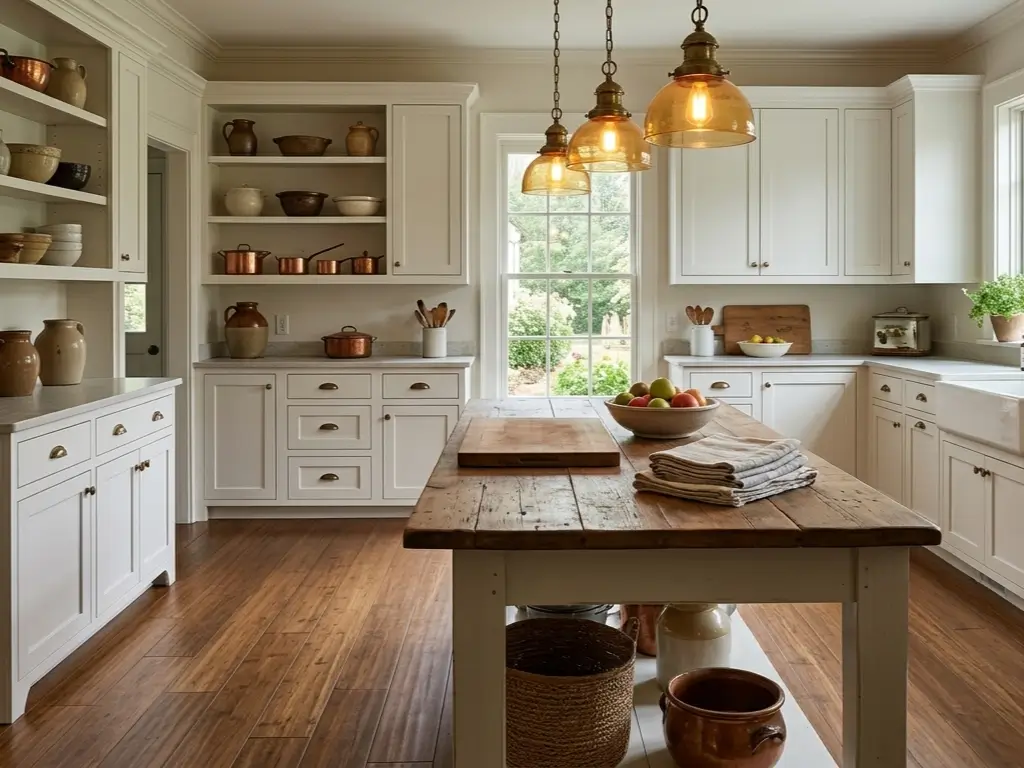 Farmhouse kitchen featuring hand-scraped carbonized bamboo flooring in wide planks with wire-brushed texture and satin finish