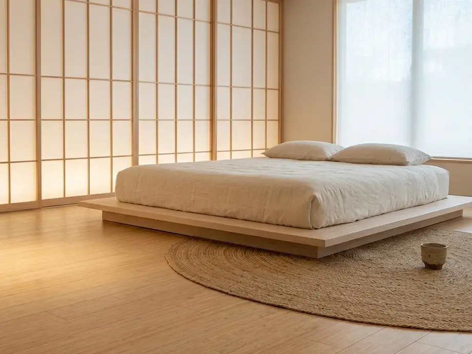 Japanese-inspired minimalist bedroom with ultra-matte natural bamboo flooring, low furniture, and intentional negative space design