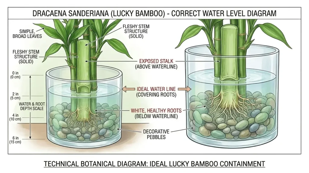 Diagram showing correct water level for lucky bamboo Dracaena sanderiana with roots submerged and stalk above waterline in glass container