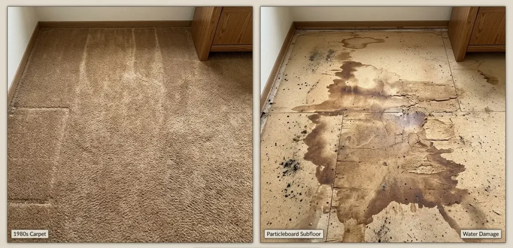 Remodel subfloor discovery showing water-damaged particleboard hidden under carpet in a home built before 1990, a common bamboo flooring remodeling challenge.