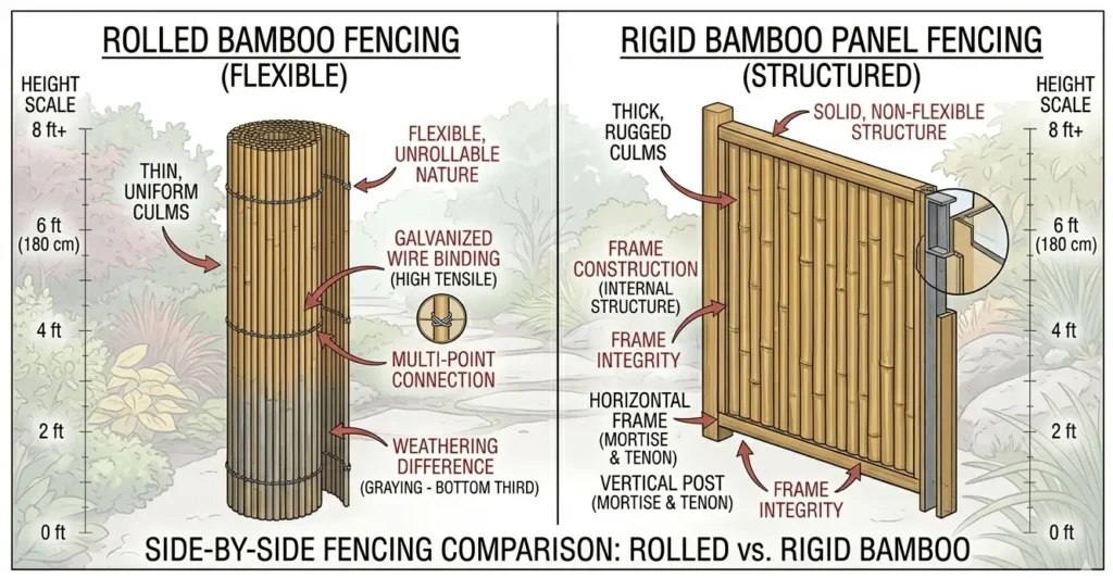 Comparison of rolled bamboo fence showing galvanized wire binding versus rigid bamboo panel fence with cedar frame, demonstrating construction differences