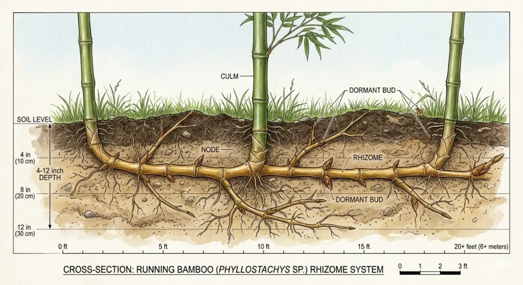 Cross-section diagram showing Phyllostachys running bamboo rhizome system extending 15 feet underground at 4-12 inch depth with dormant bud locations marked