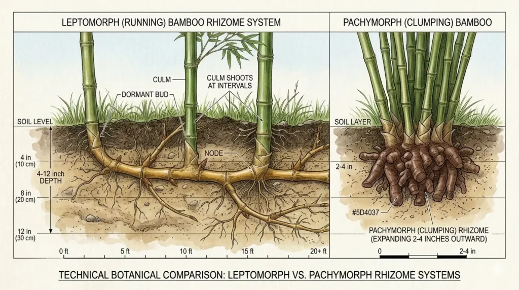 Cross-section comparing running bamboo leptomorph rhizomes spreading horizontally versus clumping pachymorph rhizomes in tight circular expansion pattern