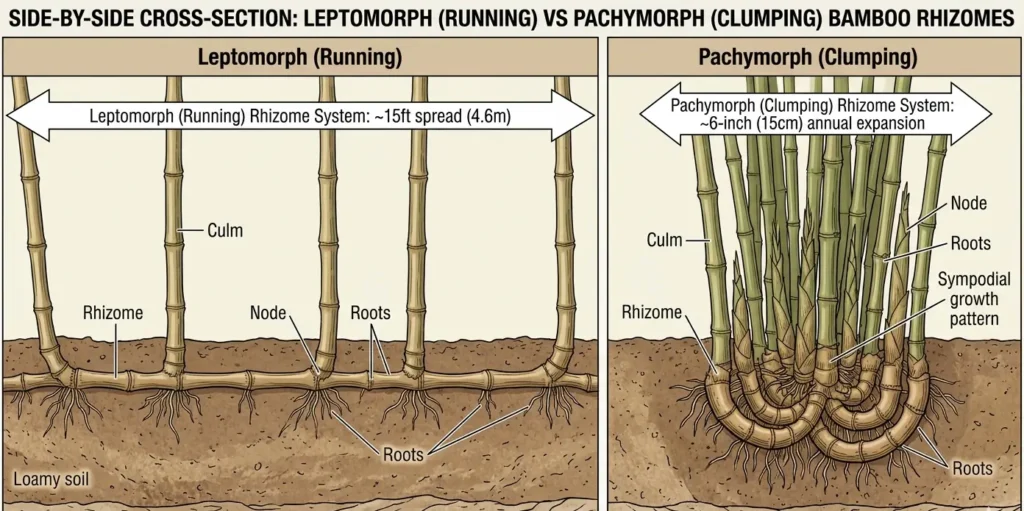 Cross-section diagram comparing running bamboo leptomorph rhizomes spreading 15 feet horizontally versus clumping pachymorph rhizomes expanding 6 inches annually