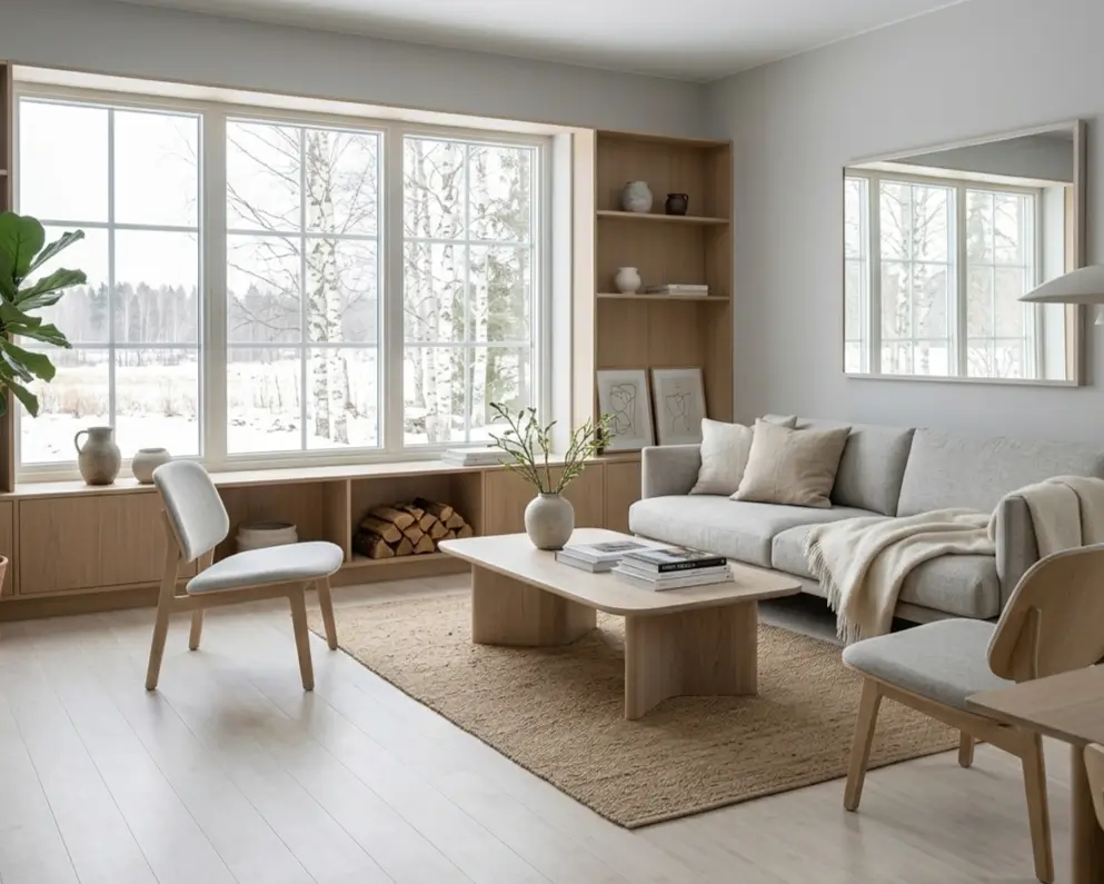 Scandinavian living room featuring whitewashed strand-woven bamboo flooring with matte finish, demonstrating cool-toned minimal aesthetic