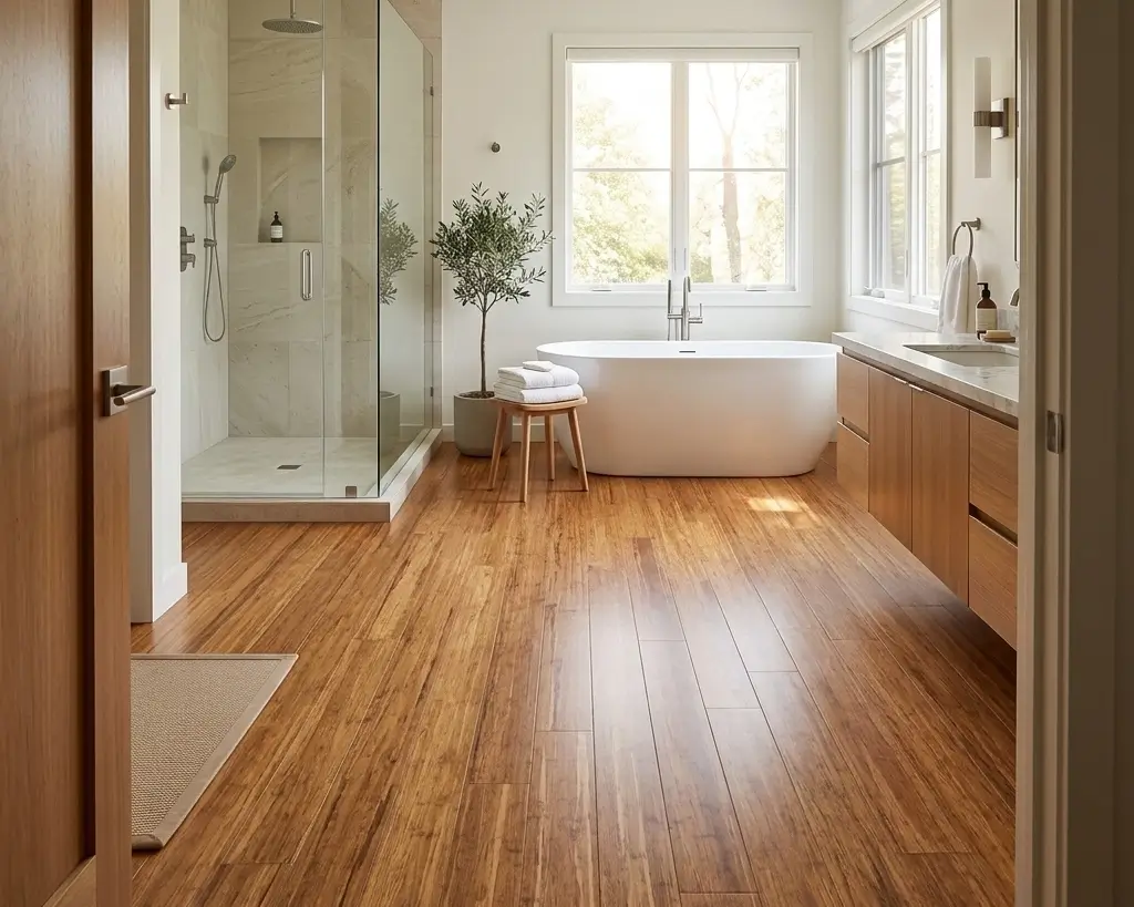 Strand-woven bamboo flooring in master bathroom installation showing warm caramel tones near freestanding tub and walk-in shower after five years of daily use