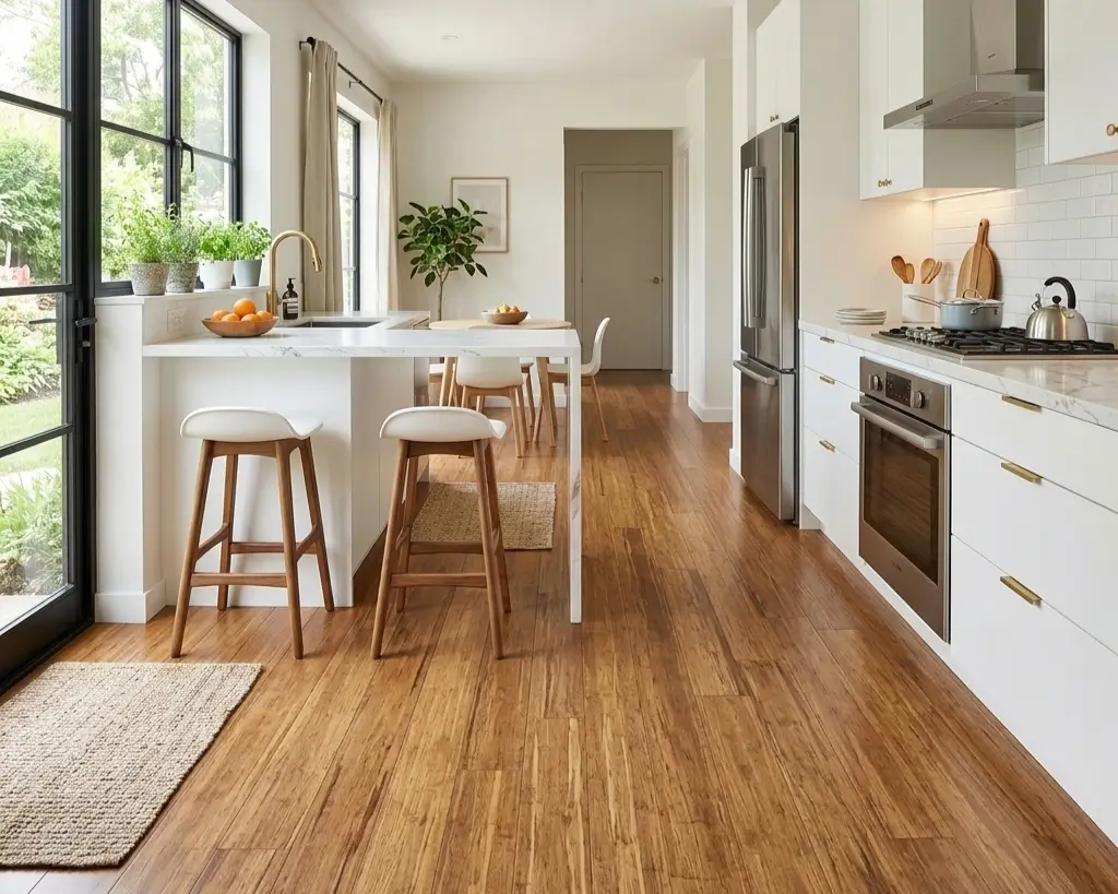 Strand-woven bamboo flooring installed in modern kitchen with visible grain pattern and natural medium-brown tone extending beneath white cabinetry