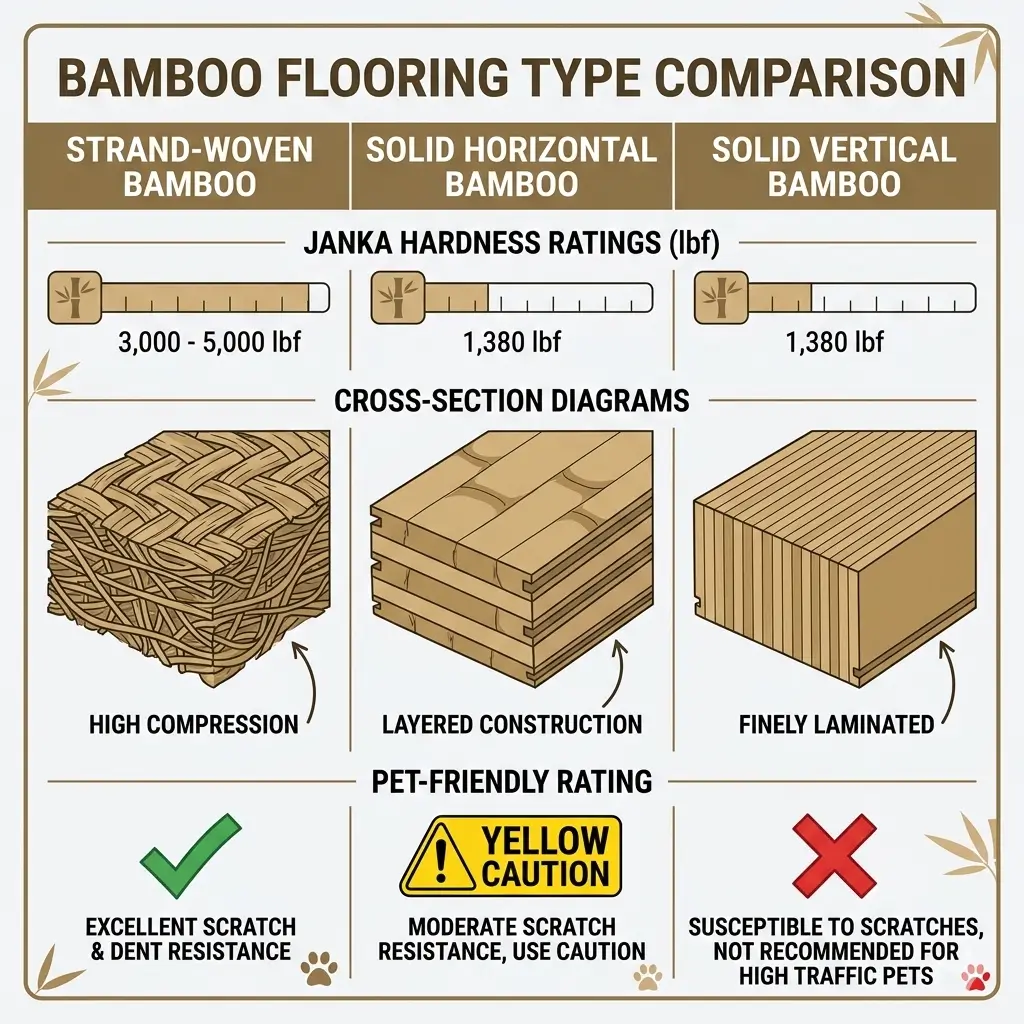 Comparison chart of strand-woven bamboo versus solid bamboo flooring types showing Janka hardness ratings and pet suitability ratings for each construction method