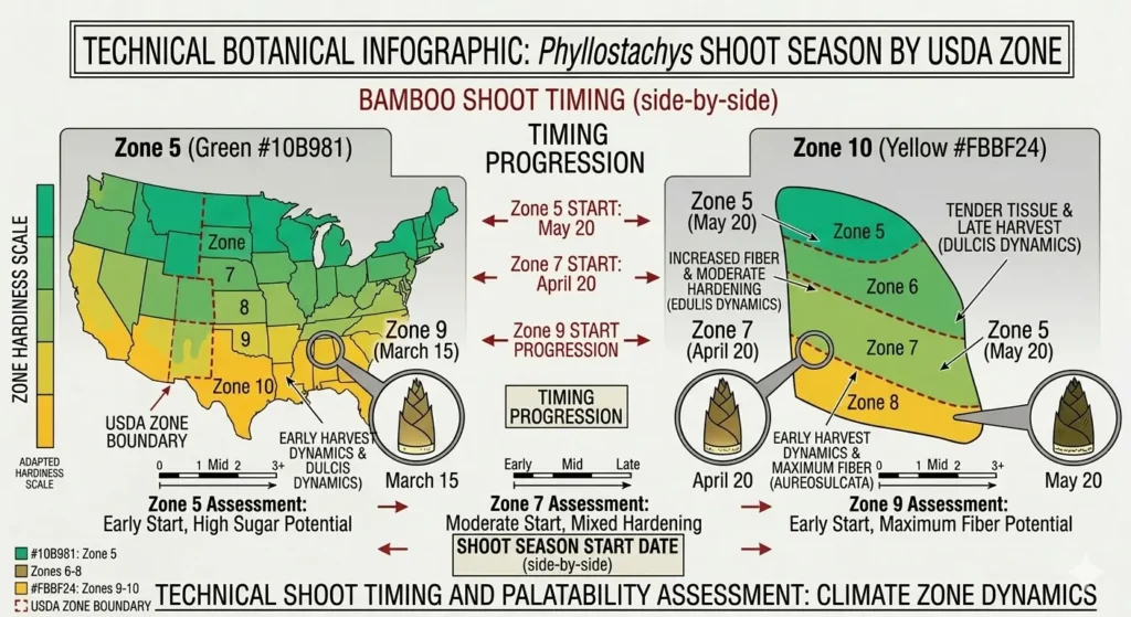USDA hardiness zones 5-10 map showing bamboo Phyllostachys shooting season starts 6-8 weeks apart between northern and southern zones